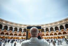 The Spiritual Ritual of Praying Towards the Kaaba The religious practice of directing one's prayers towards the Kaaba.