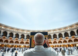 The Spiritual Ritual of Praying Towards the Kaaba The religious practice of directing one's prayers towards the Kaaba.